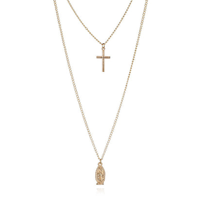 Cross Pendant Necklace with Virgin Mary Double Layer