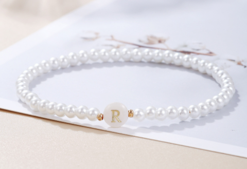 Dainty Faux Pearl Bead Initial Bracelet for Women