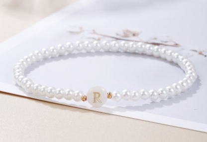 Dainty Faux Pearl Bead Initial Bracelet for Women