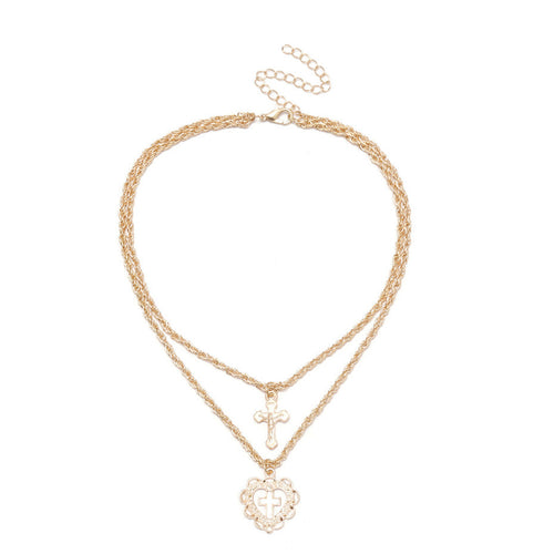 Trendy Dual-Layer Heart Cross Pendant Necklace for Women