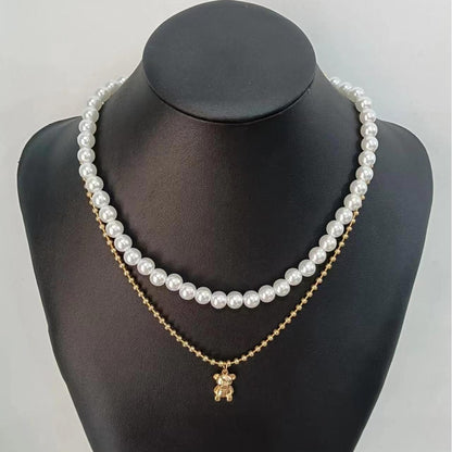 Trendy Layered Pearl Necklace with Bear Pendant