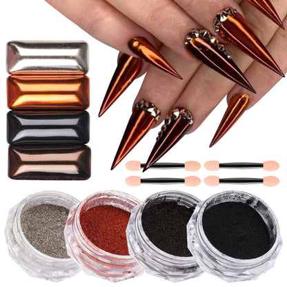 4 Jars Magic Chrome Nail Powder Holographic Metallic Mirror Effect Silver Copper Black Brown Manicure Glitter Pigment Powder for Nails Art Design Chrome Powder for Gel Nails Decoration with Tools