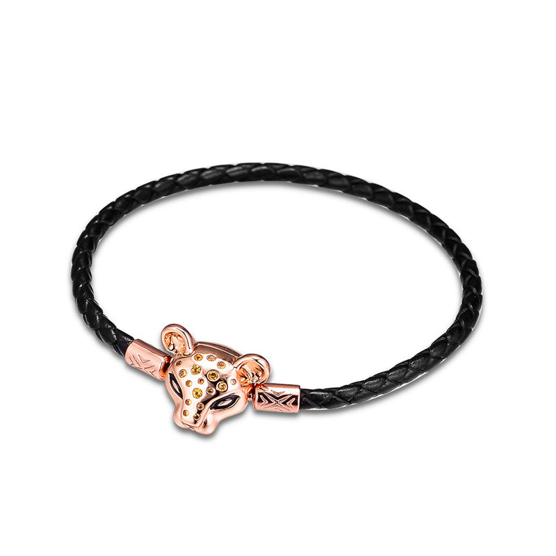 Leopard Head Rope Bracelet with Rose Gold Lion Clasp