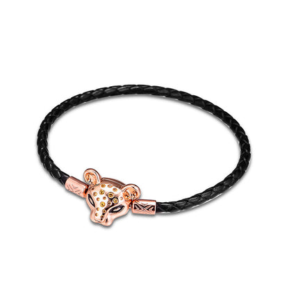Leopard Head Rope Bracelet with Rose Gold Lion Clasp
