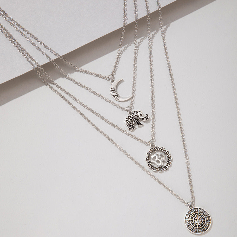 Fashionable 3D Elephant Moon Pendant Layered Necklace
