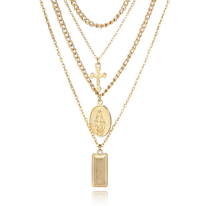 Multi-Layer Necklace with Cross and Virgin Mary Design