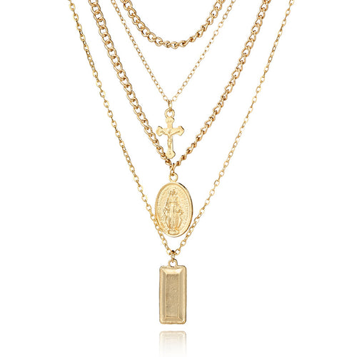 Multi-Layer Necklace with Cross and Virgin Mary Design