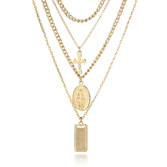 Multi-Layer Necklace with Cross and Virgin Mary Design