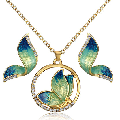 Butterfly Earring and Necklace Pendant Set with Pearls