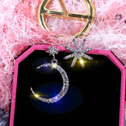 925 Silver Star and Moon Asymmetric Earrings for Women