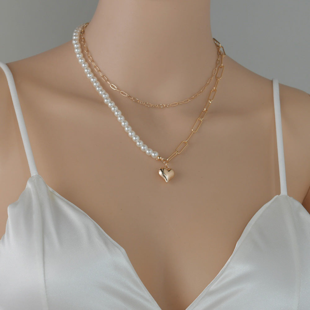 Golden Love Heart Faux Pearl Double Layer Necklace