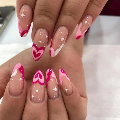 Valentines Day Press on Nails Almond Medium Fake Nails Nude Full Cover Nails Press ons Rose Red Heart French Tip Acrylic Nails Glossy False Nails with Stars Designs Glue on Nails for Women 24 Pcs