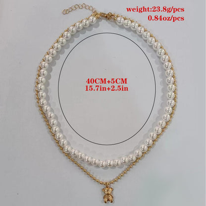Trendy Layered Pearl Necklace with Bear Pendant