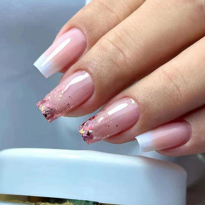 Coffin Press on Nails Medium Glue on Nails Pink White Ombre Fake Nails Translucent Acrylic Nails Glossy False Nails Simple Artificial Glitter Stick on Nails for Women 24 Pcs