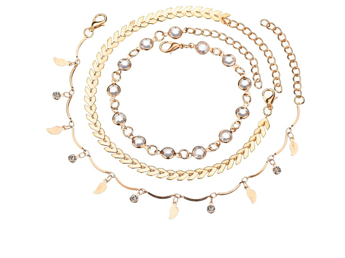 Three-Piece Beaded Leaf Arrow Anklet Set
