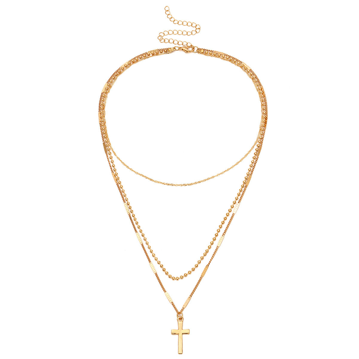 Gold Layered Cross Necklace with Three-Tier Pendant