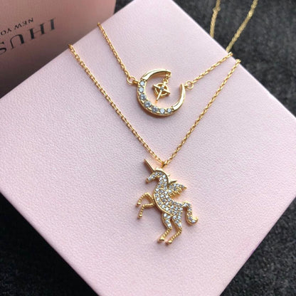 Unicorn Necklace, Starry Moon Layered Pendant Gift