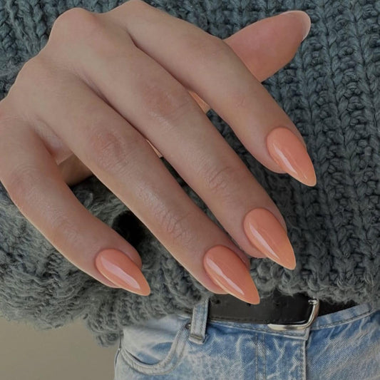 Coral Press on Nails Almond Shaped Nails Press ons Medium Fake Nails Short Almond Acrylic Nails Glue on Nails Medium Length False Nails for Women Thick Natural Gel Stiletto Almond Nails 24Pcs
