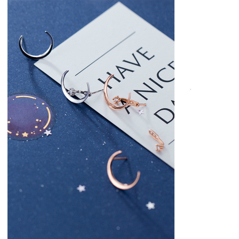 S925 Silver Earrings with Crescent Moon and Star Design