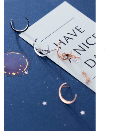 S925 Silver Earrings with Crescent Moon and Star Design