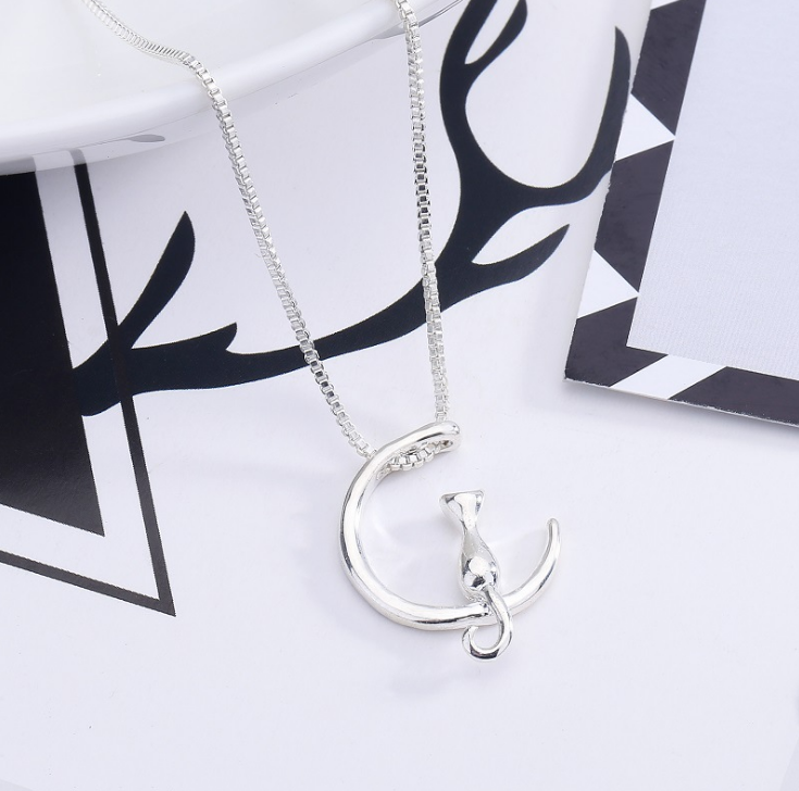 Cat Pendant Necklace with Moon Design