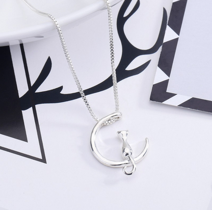Cat Pendant Necklace with Moon Design