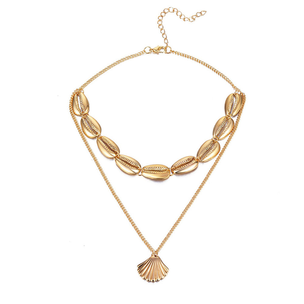 Versatile Metal Layered Necklace with Shell Pendant