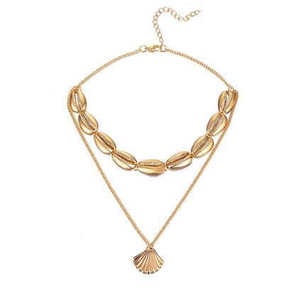 Versatile Metal Layered Necklace with Shell Pendant