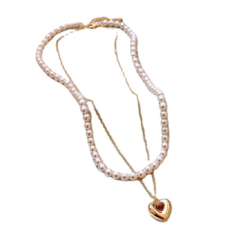 Double Layer Pearl Heart Necklace for Women