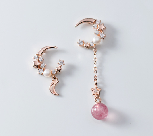 S925 Silver Earrings with Asymmetric Star and Moon Design