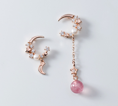 S925 Silver Earrings with Asymmetric Star and Moon Design