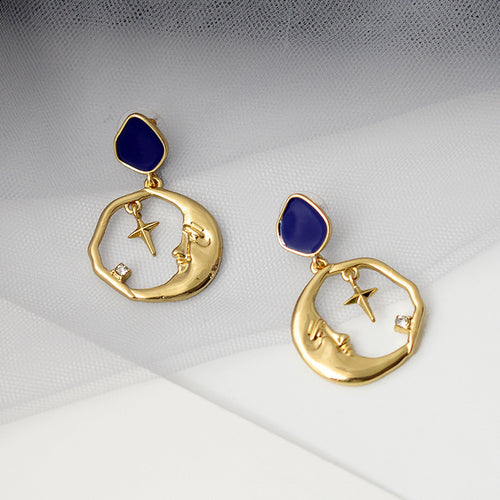 Geometric Star and Moon Earrings with S925 Silver Pins
