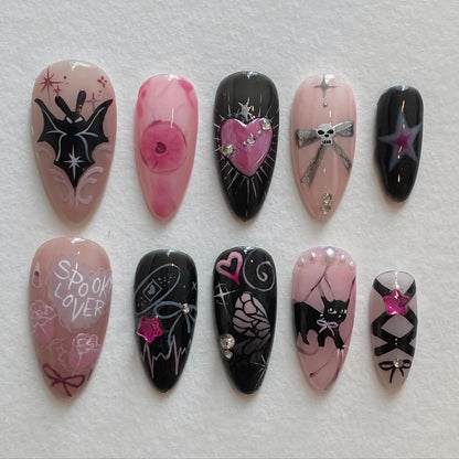 BABALAL Almond Press on Nails Medium Fake Nails Black Pink Glue ons Nails Y2k Bat Cat Bow Design Goth Acrylic Nails 24Pcs Cute Halloween False Nails Star Stiletto Nails