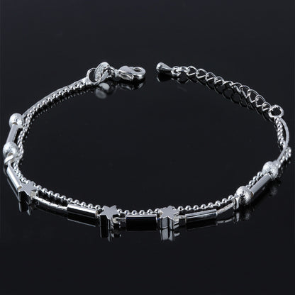 Silver Double Layer Star and Heart Charm Anklet