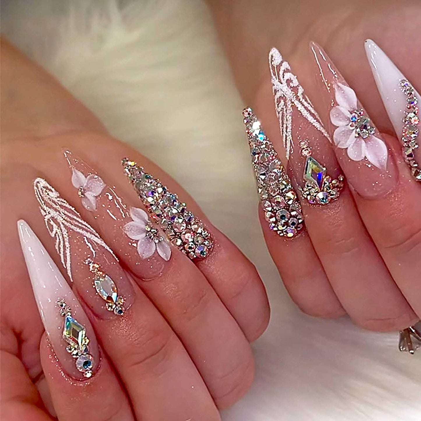 Rilafuvu Press on Nails almond Fake Nails Press ons False Nails Flower Rhinestone Pink Acrylic Nails Glitter Bling Glue on Nails for Women and Girls 24Pcs (flower pink almond nails)