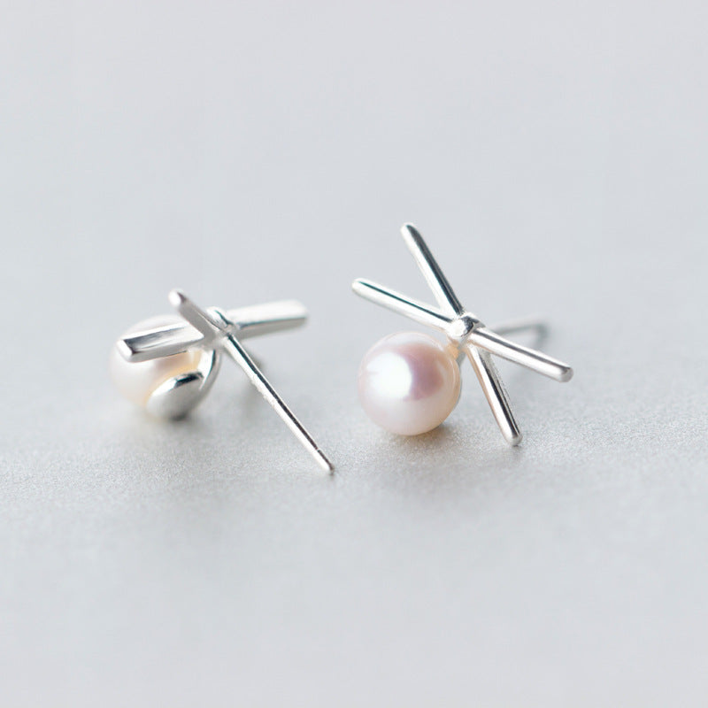 S925 Silver Pearl Cross Line Earrings for Women