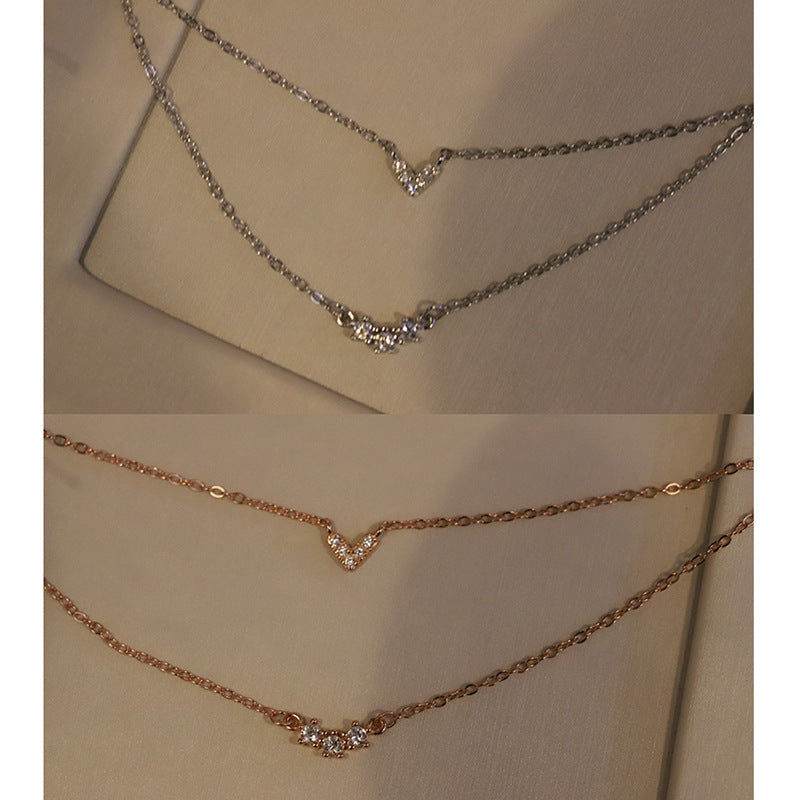 925 Silver Diamond-Studded Heart Layered Necklace