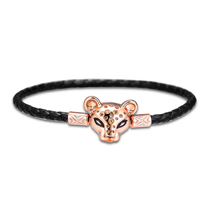 Leopard Head Rope Bracelet with Rose Gold Lion Clasp