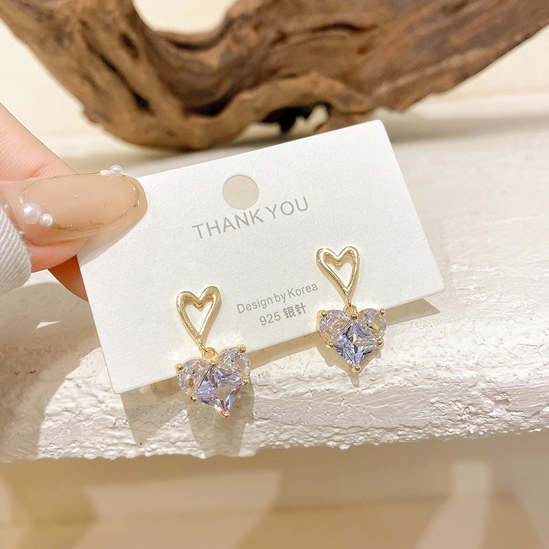 Korean Heart Zircon Stud Earrings in S925 Silver