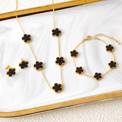 Elegant Five-Leaf Flower Jewelry Set – Titanium Steel Bracelet, Necklace & Stud Earrings