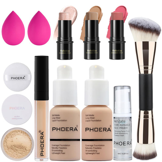 PHOERA Foundation3 PCS Contour Stick Makeup Kit Shades with Highlighter Stick Blush Stick and Bronzer Contour Stick for Sculpt the Cheeks (102+103+ Fair-Light Contour/Nude + Warm peach+#03#09#12)
