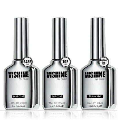 Vishine 3PCS 16ml Top Coat Builder Gel and Base Coat Set No Wipe Gel Top Coat Base Gel Builder Extension Gel for Nails Art Long Lasting Nail Protection Soak Off LED Gel