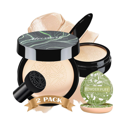 Mushroom Head Air Cushion CC Cream 2PCS Set - BB Cream Face Makeup Foundation with Power Puff for Mature Skin Moisturizing Concealer Brighten Long-Lasting Skin Tone for All Skin Types(Ivory)