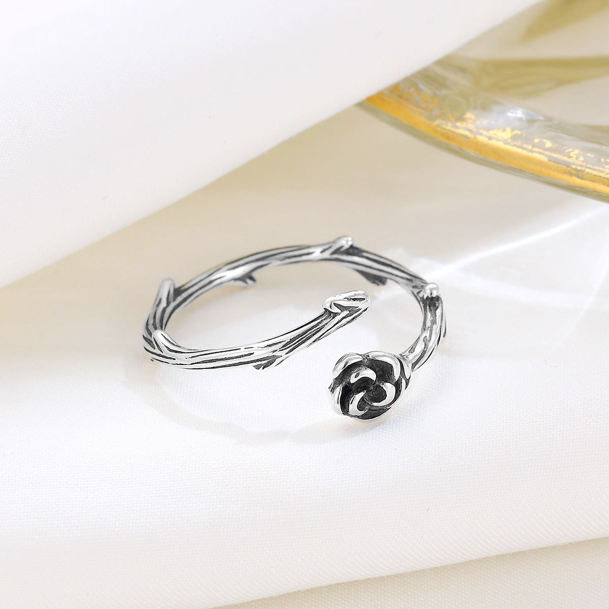 S925 Silver Vintage Rose Flower Open Ring for Women