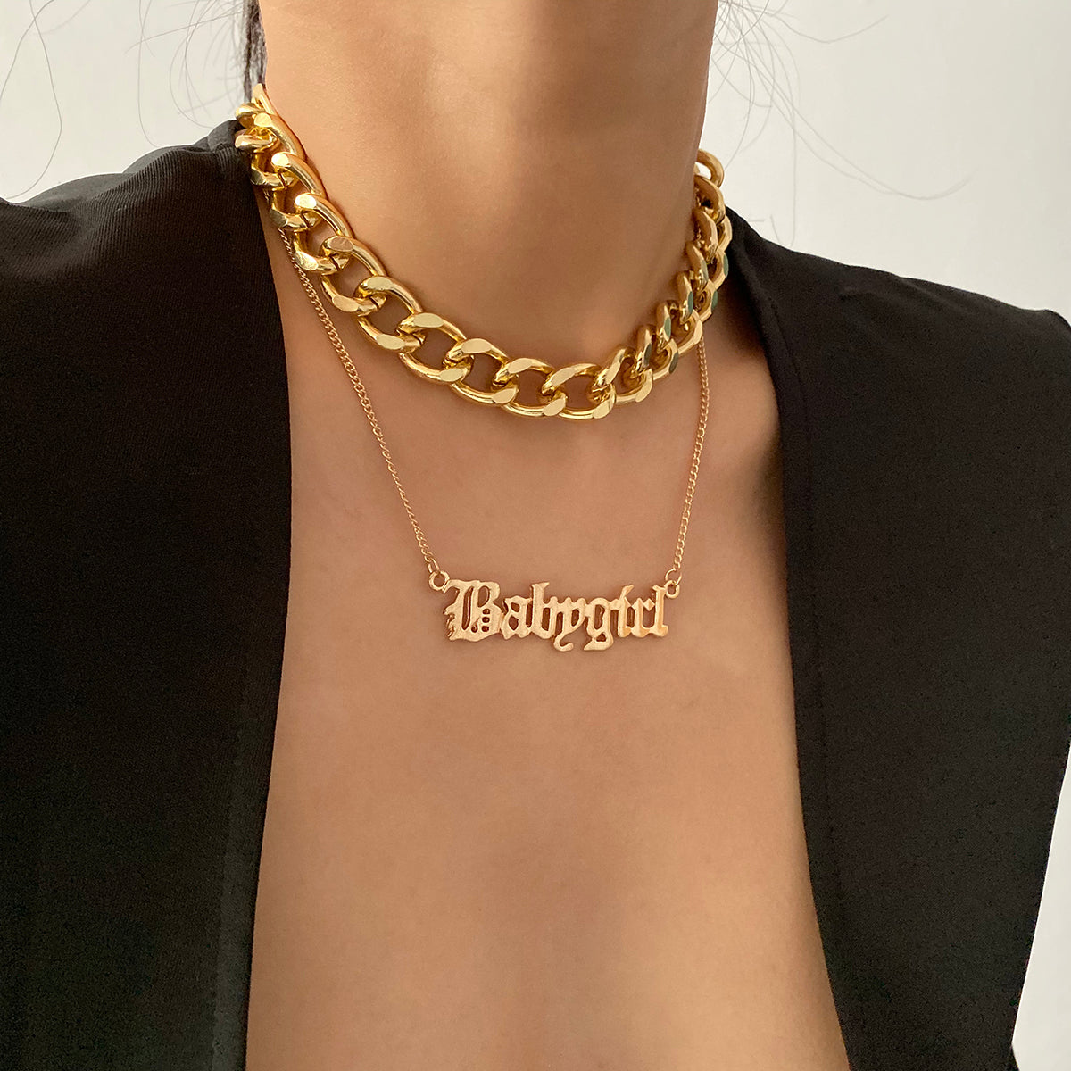 Punk Layered Cross Chain Necklace with Letter Pendant