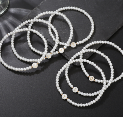 Dainty Faux Pearl Bead Initial Bracelet for Women