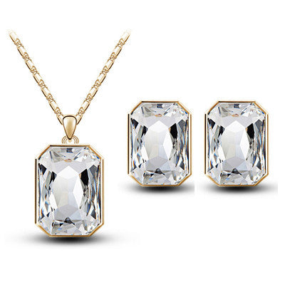 Crystal Pendant Rectangular Bride Necklace & Earring Set