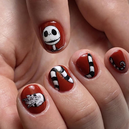 Halloween Press on Nails Short Square MABKJLF Fake Nails False Nails with Designs Nightmare Christmas Nails Full Cover Glossy Glue on Nails Acrylic Nails for Women Girls 24 Pcs