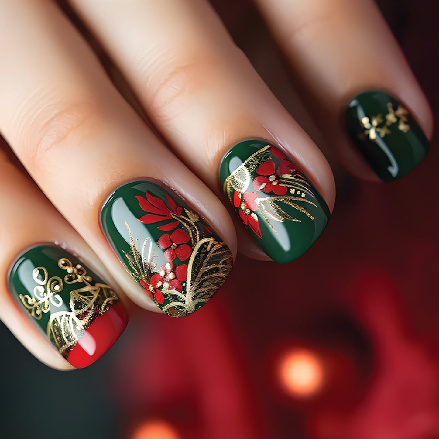 Green Press on Nails Short Square Fake Nails Summer Glue on Nails Full Cover Cute Acrylic Nails Glossy False Nails with Flower Design Stick on Nails Gold Artificial Nails for Women Nail Decorations