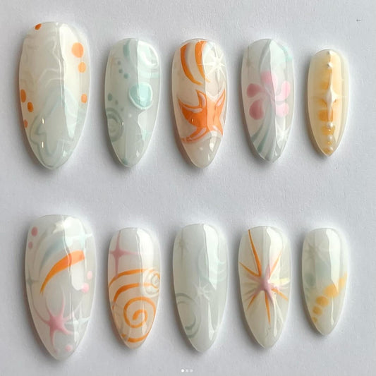 RIICFDD Cute Nails Medium Press on Nails Almond Shape Fake Nails Colorful Curve Acrylic Nails Star Nails Press ons White Artificial Nails Full Cover Glossy Glue on Nails for Women Nail Decor 24 Pcs